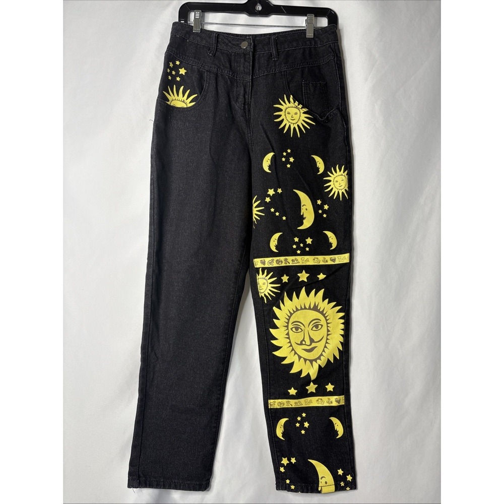 Womens L Graphic Yellow Sun Moon Stars Denim Black Straight Jeans Boho Unbranded